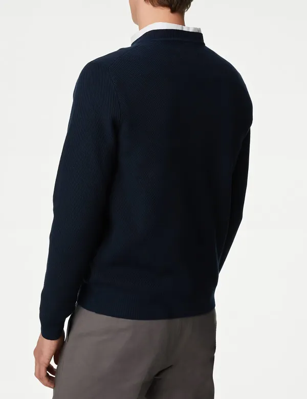 Cotton Blend Textured Crew Neck Jumper