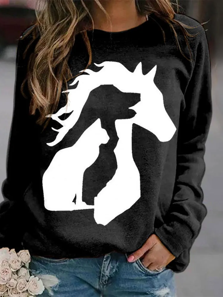 Horse Dog And Cat Silhouette Print Sweatshirt