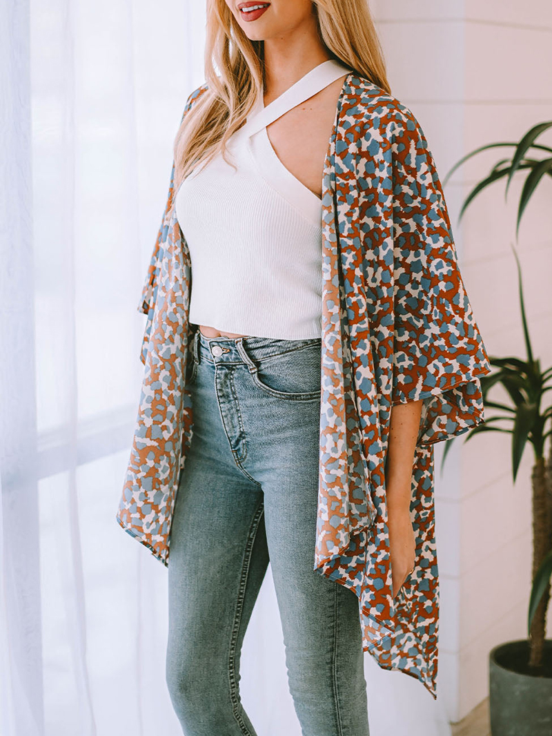 Printed Open Front Three-Quarter Sleeve Cover Up