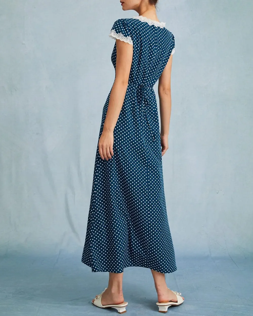 Polka dot deep v retro long dress