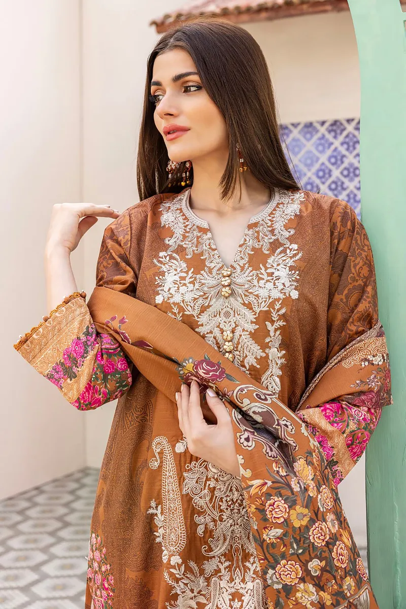 3 Piece Kurta Embroidered | Dupatta& Bottom & Tops | Color Brown