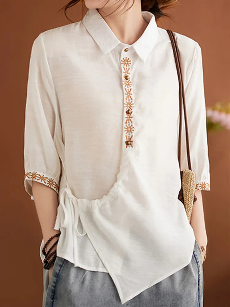 Women's Casual Retro Ethnic Style Embroidered Cotton Design Shirt