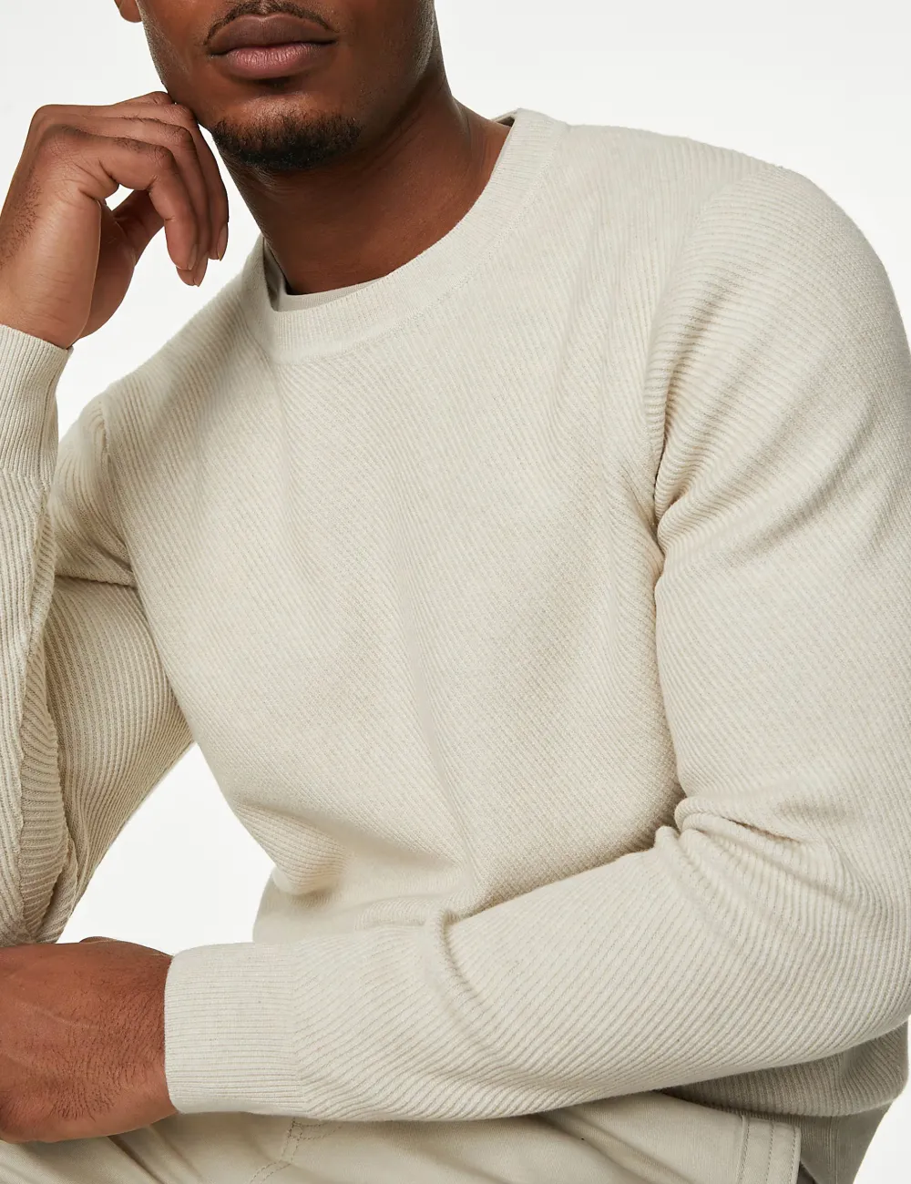 Cotton Blend Textured Crew Neck Jumper