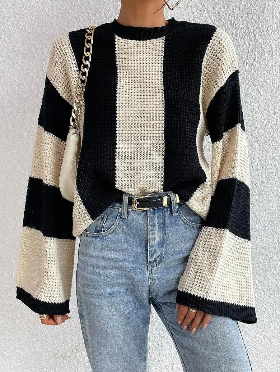 Wide vertical stripe bell sleeve pullover sweater