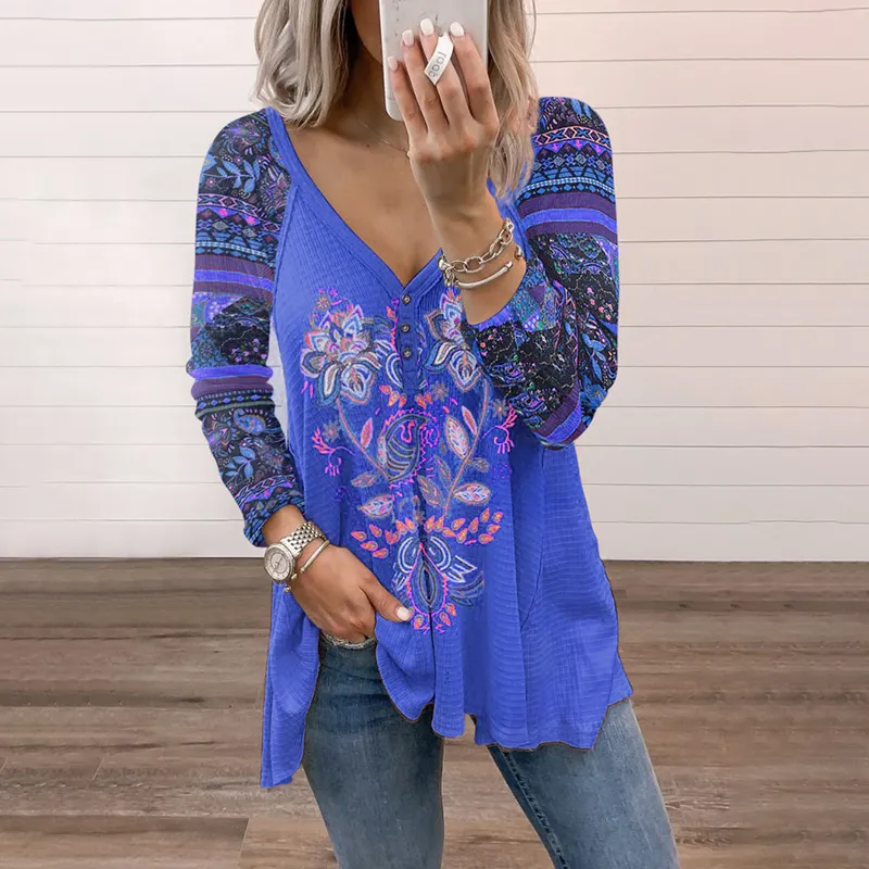 Casual Long Sleeve Printed V-Neck T-Shirt