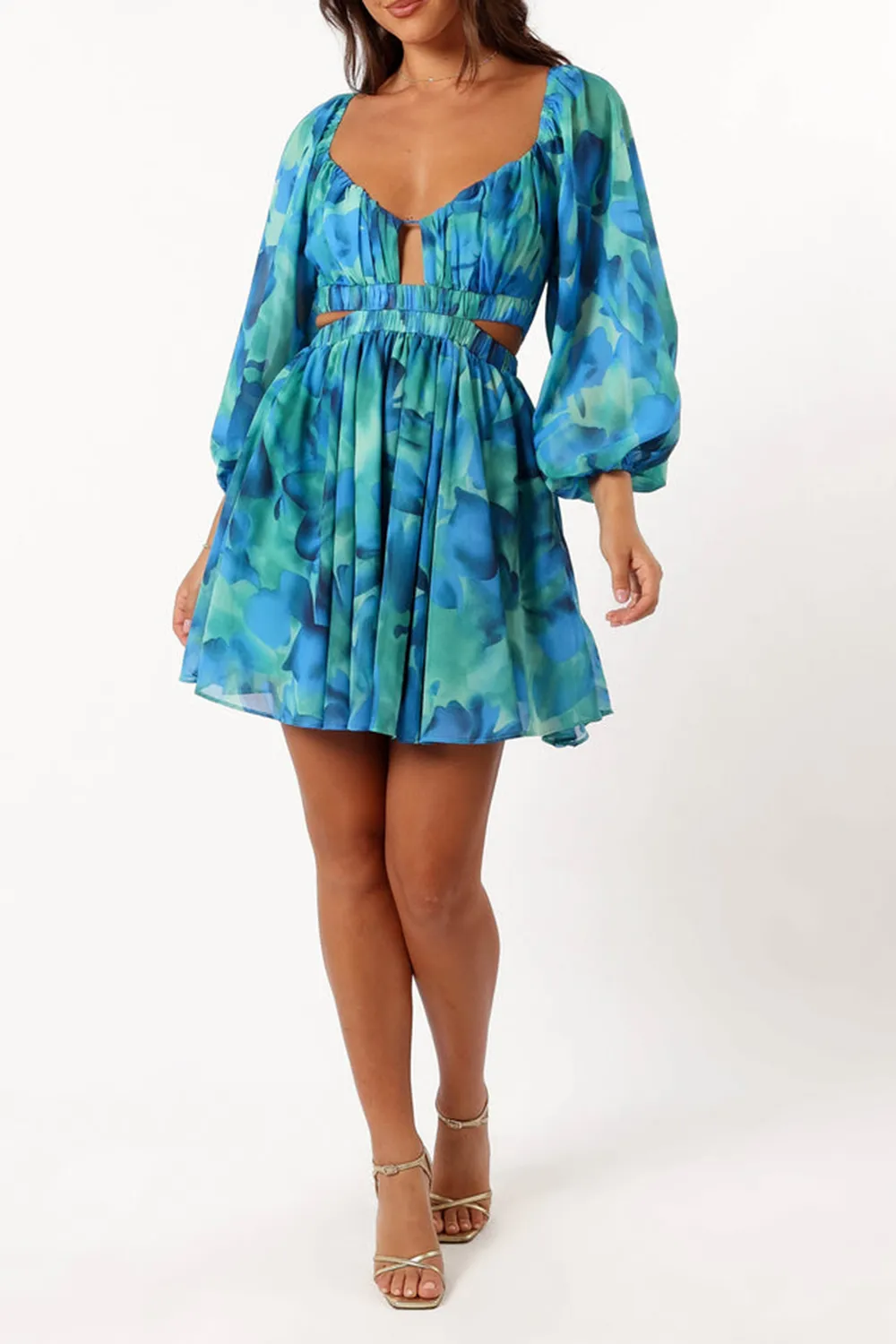 KATNISS LONG SLEEVE MINI DRESS - BLUE FLORAL