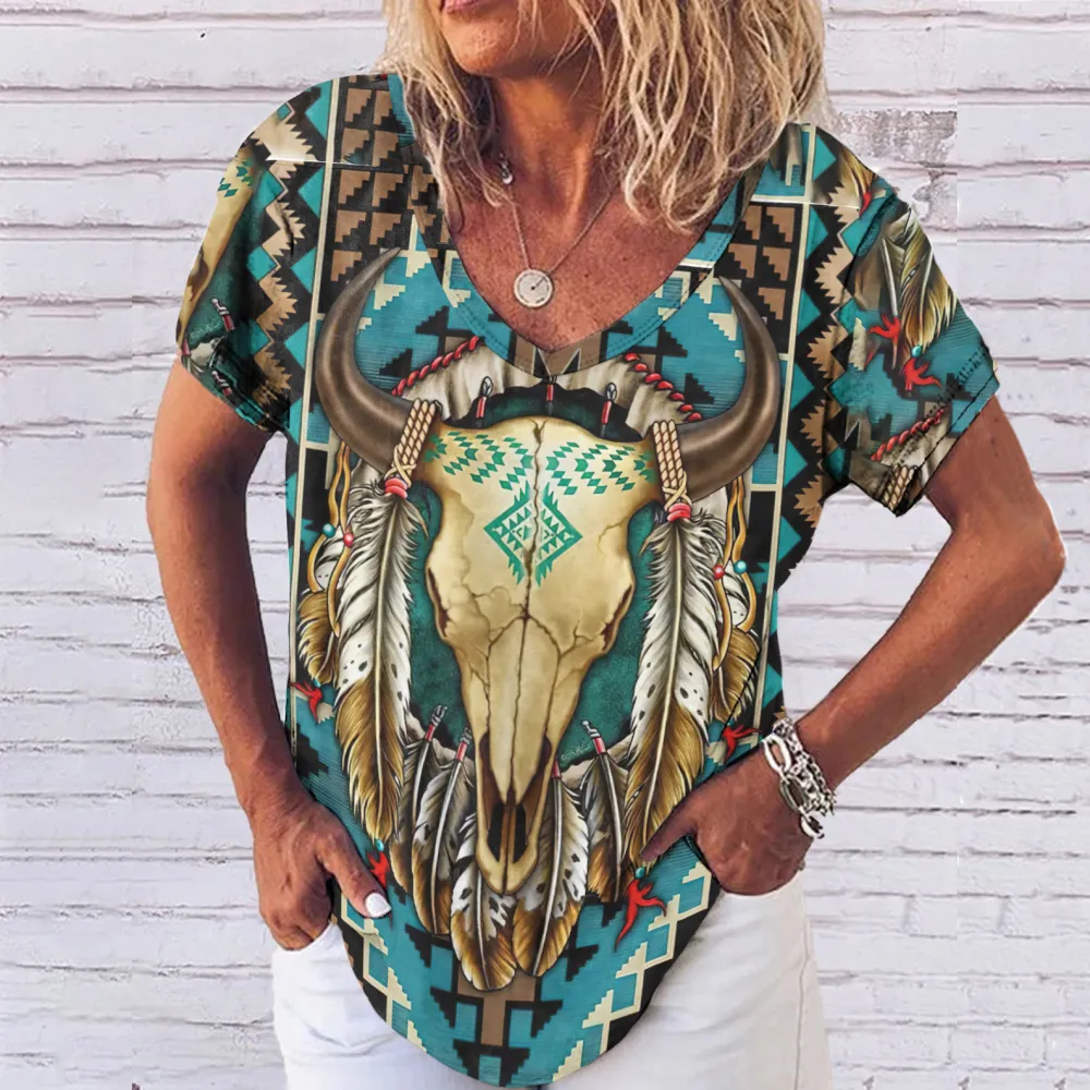 Vintage Western Print V Neck Short Sleeve T-Shirt