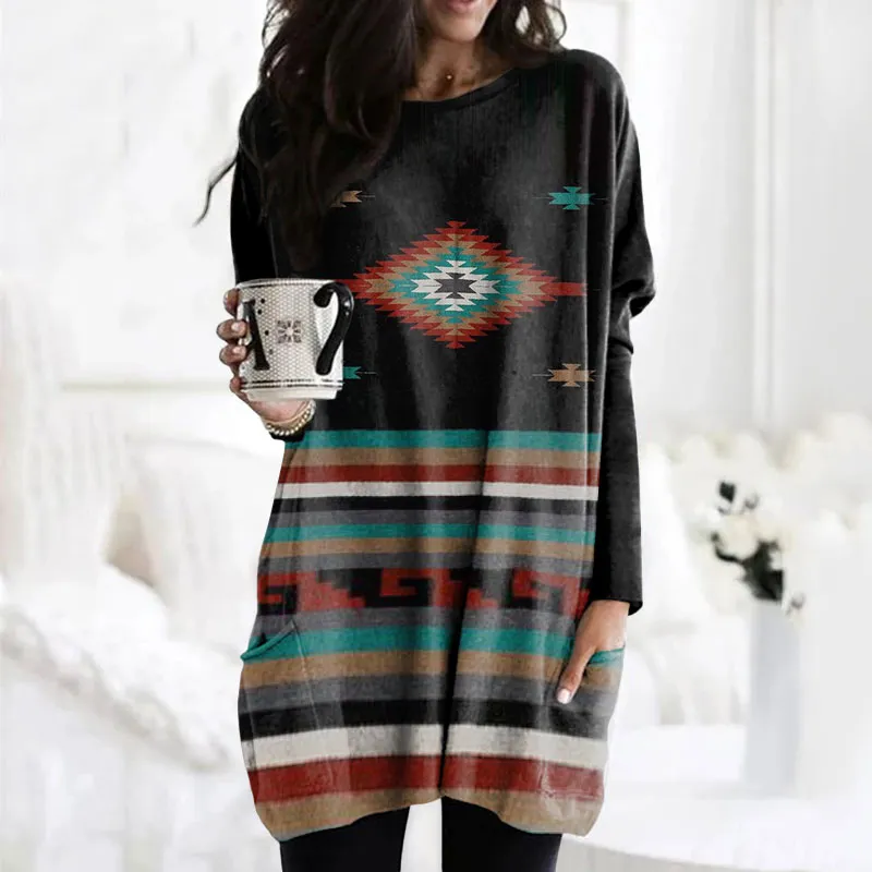 Vintage Totem Print Long Sleeve Tunic