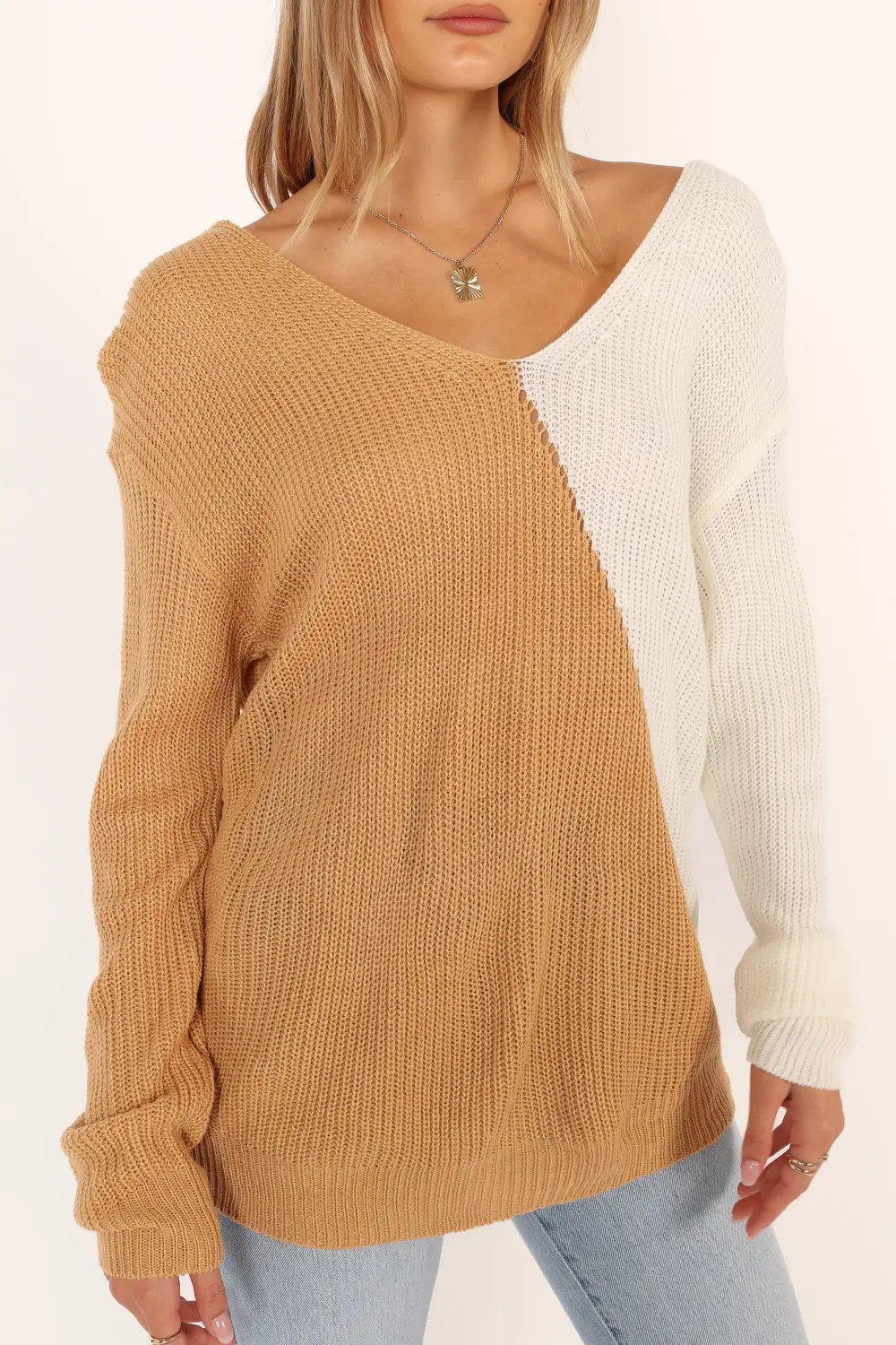 Lizzie Two Tone Knit Sweater - Beige Multi