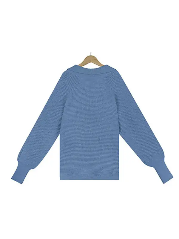 Long Sleeves Solid Color Lapel V-Neck Sweater Tops