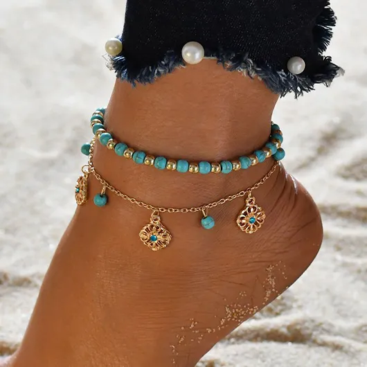 Cutout Floral Design Turquoise Alloy Anklet Set