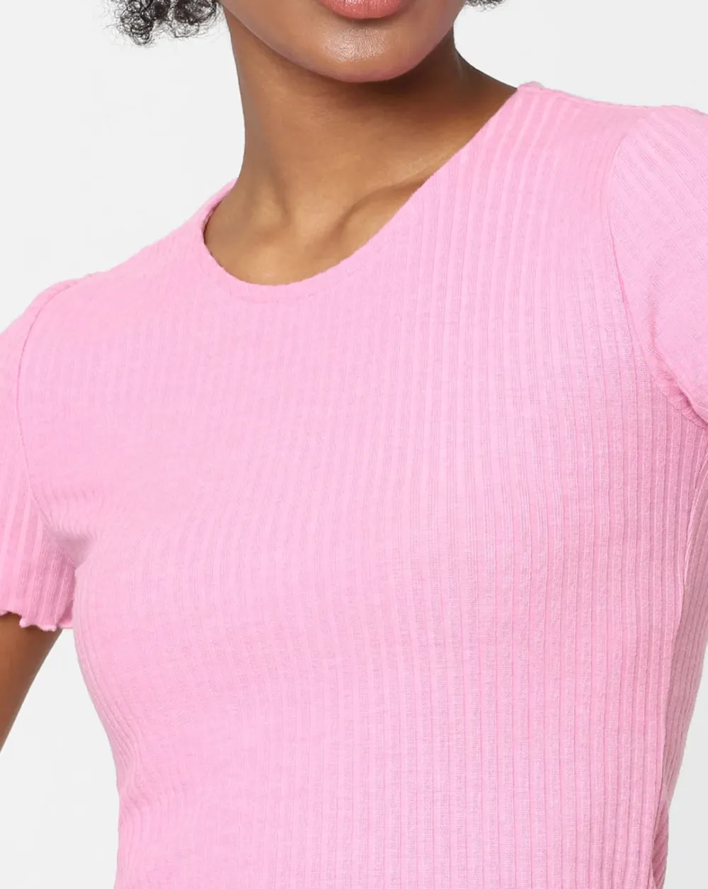 Pink Ribbed Cropped T-shirt