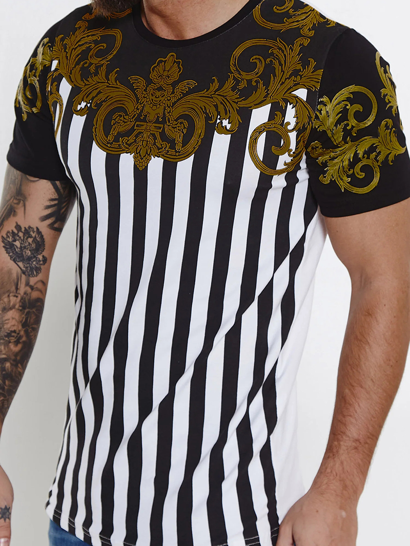 Men's casual striped patchwork pattern short sleeved T-shirt