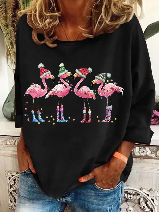 Women's Christmas Flamingo Holiday Print Casual Sweatshirt