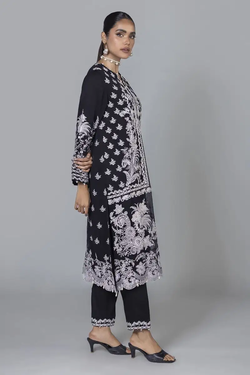 3 Piece Kurta Embroidered | Dupatta& Bottom & Tops | Color Black