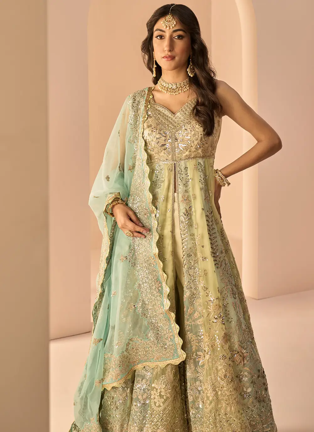 Green and Light Blue Embroidered Anarkali Style Sharara