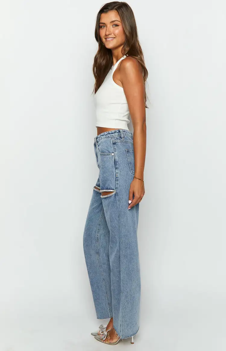 Gem Diamante Trim Wide Leg Denim Jeans