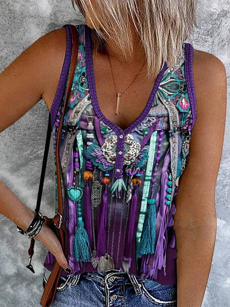 Vintage Tassel Printed V-Neck Casual Tank Top