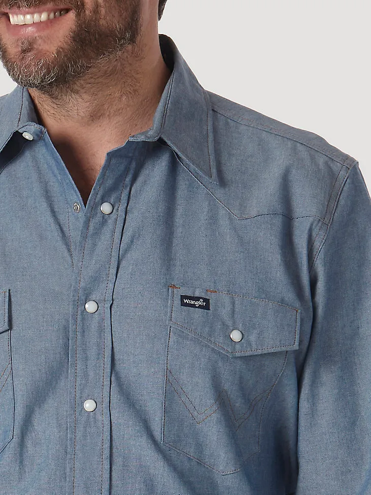 COWBOY CUT® FIRM FINISH LONG SLEEVE WESTERN SNAP SOLID WORK SHIRT IN CHAMBRAY BLUE