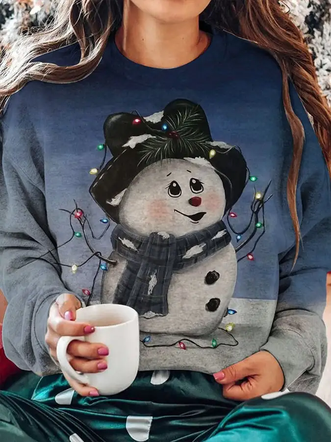 Women's Christmas Snowman Print Crew Neck Sweatshirt