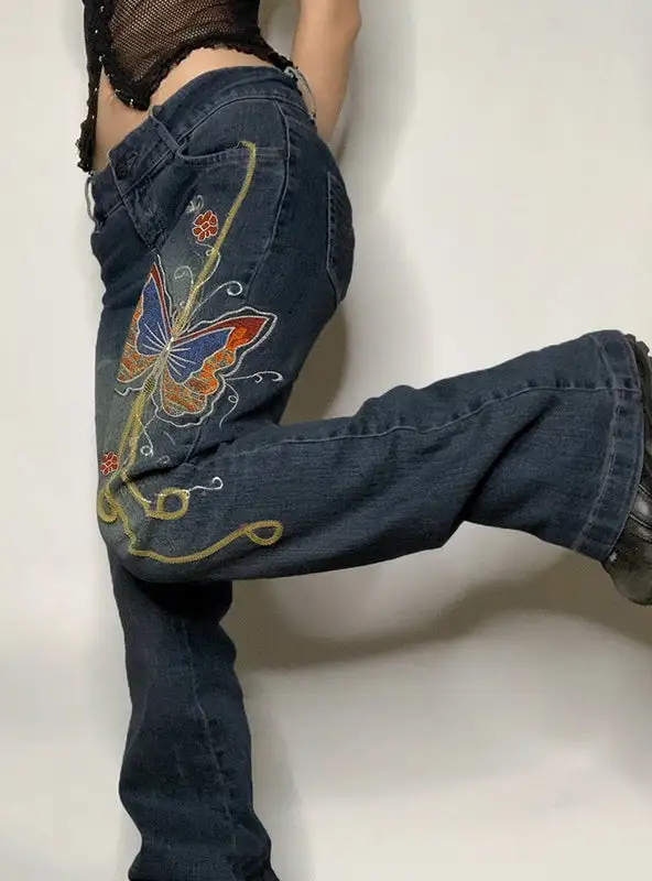 Retro Old Butterfly Embroidered Jeans