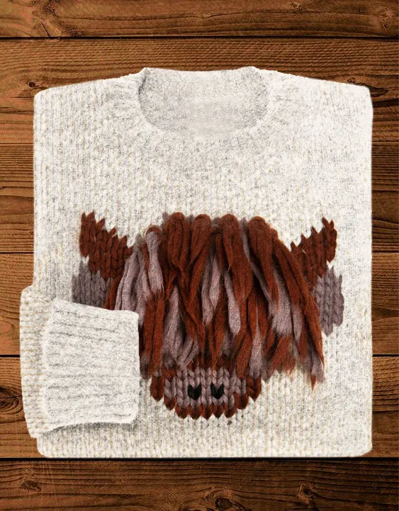 Fluffy Highland Cow Embroidery Art Comfy Sweater