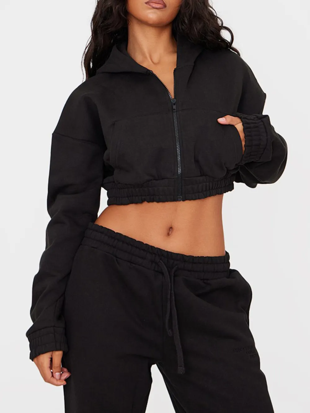 Black Premium Cropped Waistband Detail Hoodie