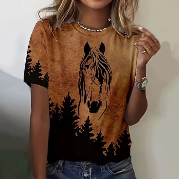 Women's Retro Western Horse Print Casual T-Shirt