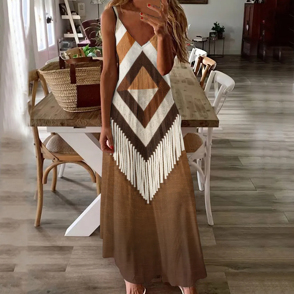 Western Geometric Print V-Neck Suspender Maxi Dress