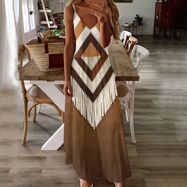 Western Geometric Print V-Neck Suspender Maxi Dress