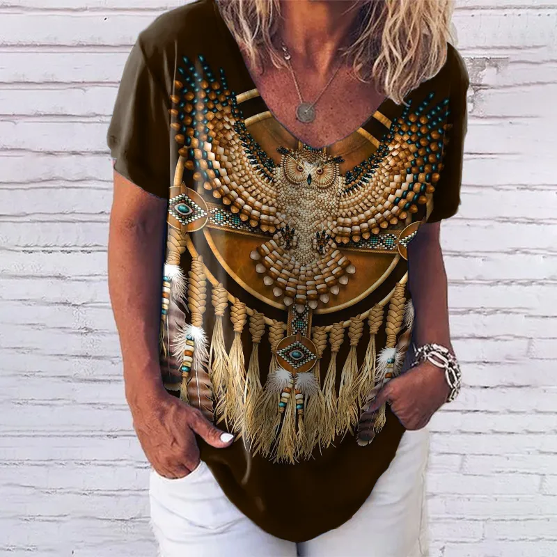 Western Print V-Neck Short Sleeved T-Shirt