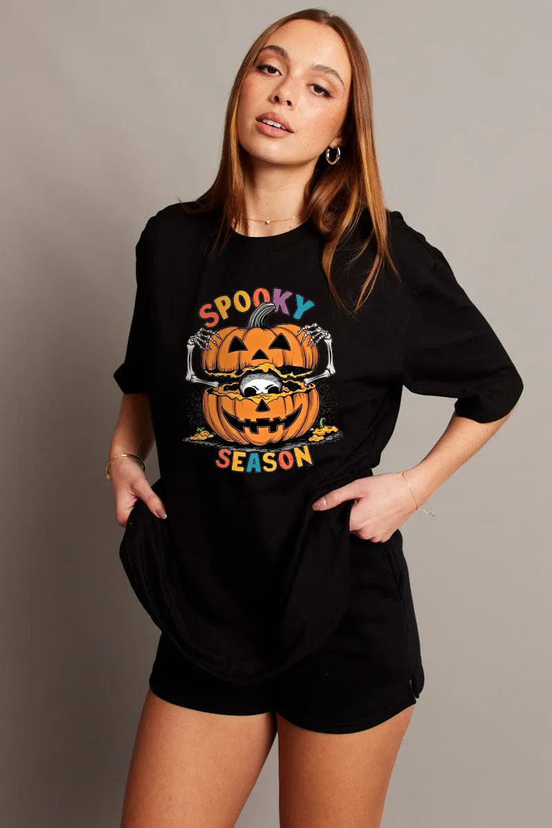 Women's Pumpkin Art Letter Combination Printed T-shirt