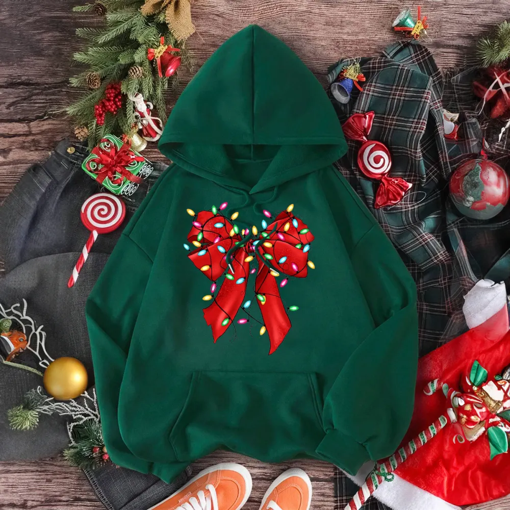 CHRISTMAS BOW PATTERN PRINTED HOODIE