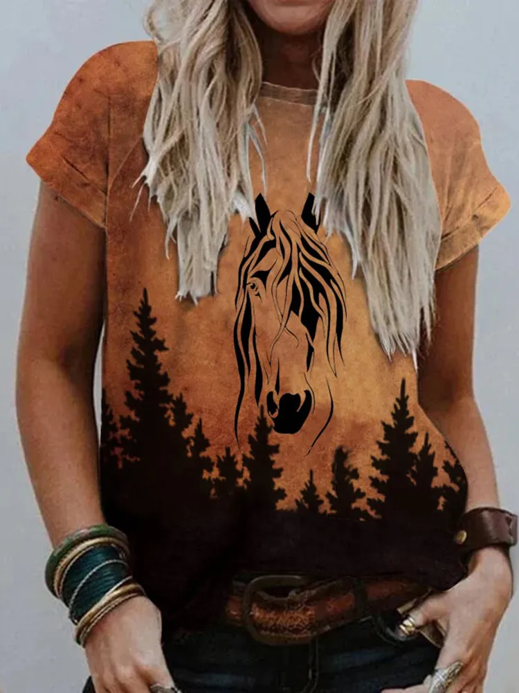 Vintage Western Horse Print Short Sleeve T-Shirt