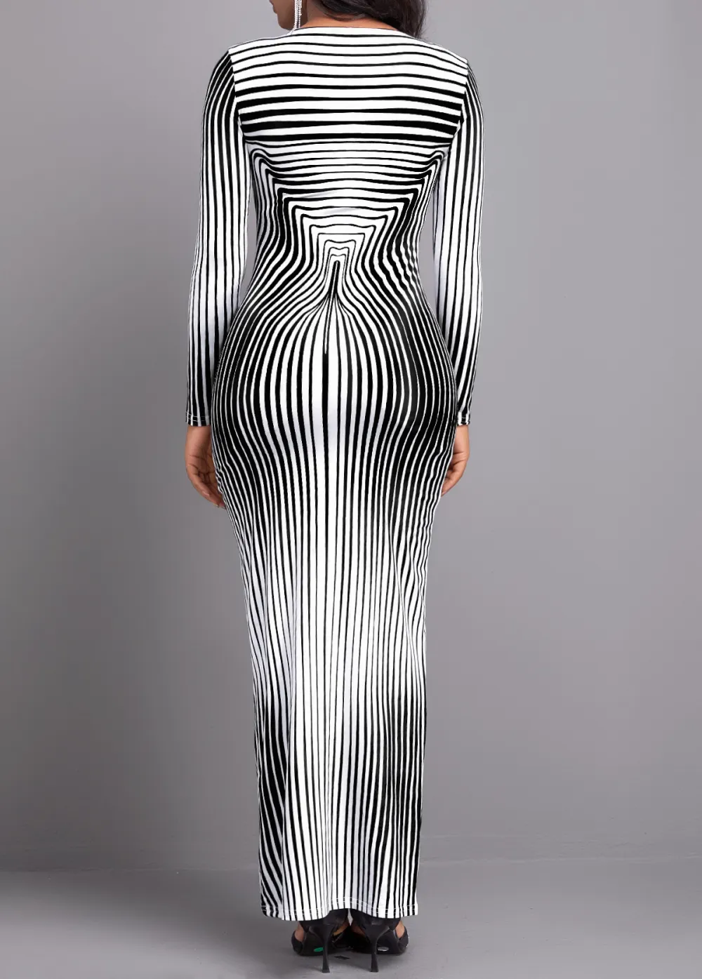 Striped Black Long Sleeve Round Neck Maxi Bodycon Dress