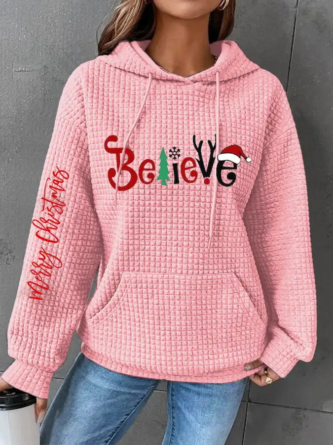 Women's Merry Christmas Christmas Believe Casual Waffle Hoodie