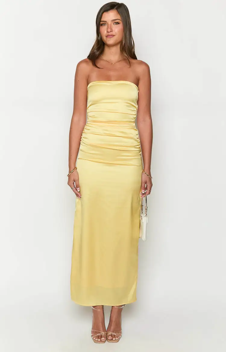 Yellow Bloom Satin Strapless Maxi Dress