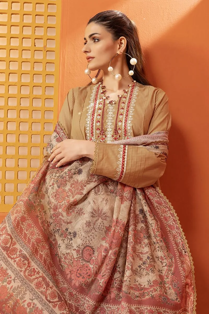 3 Piece Kurta Embroidered | Dupatta& Bottom & Tops | Color Brown