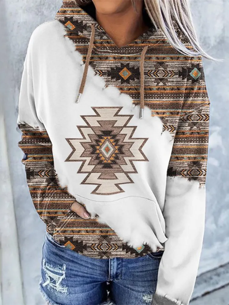 Western Vintage Print Casual Long Sleeve Hoodie