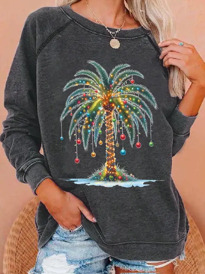 Women'S Christmas Palm Tree Print Casual Sweatshirt