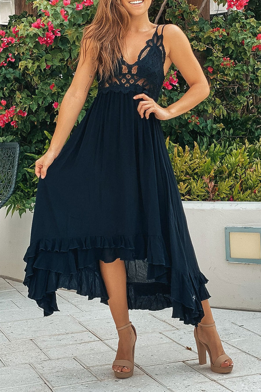 Black Crochet Top High Low Dress