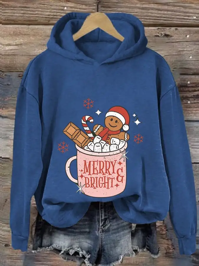 Women's Gingerbread Christmas Merry And Bright Print Casual Hooded