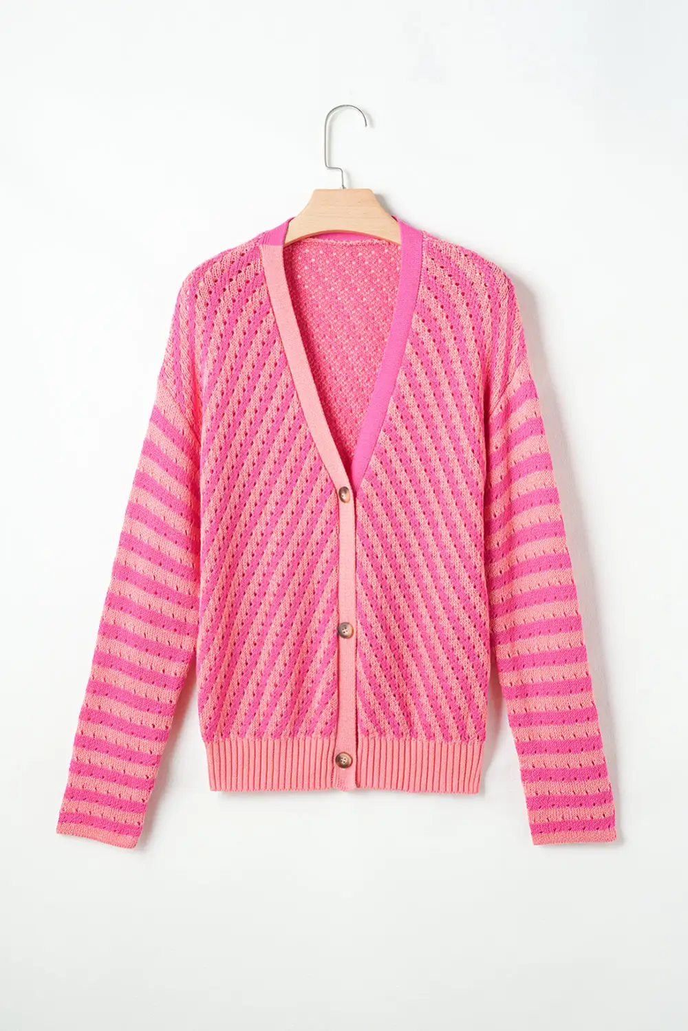 Pink Striped Buttoned V Neck Drop Shoulder Cardigan