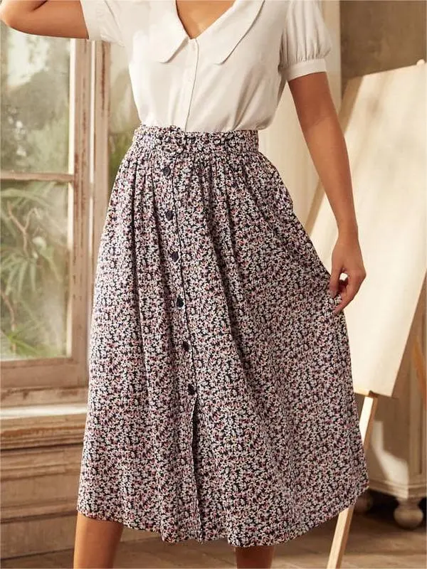 High Waisted Floral Skirts With Pockets