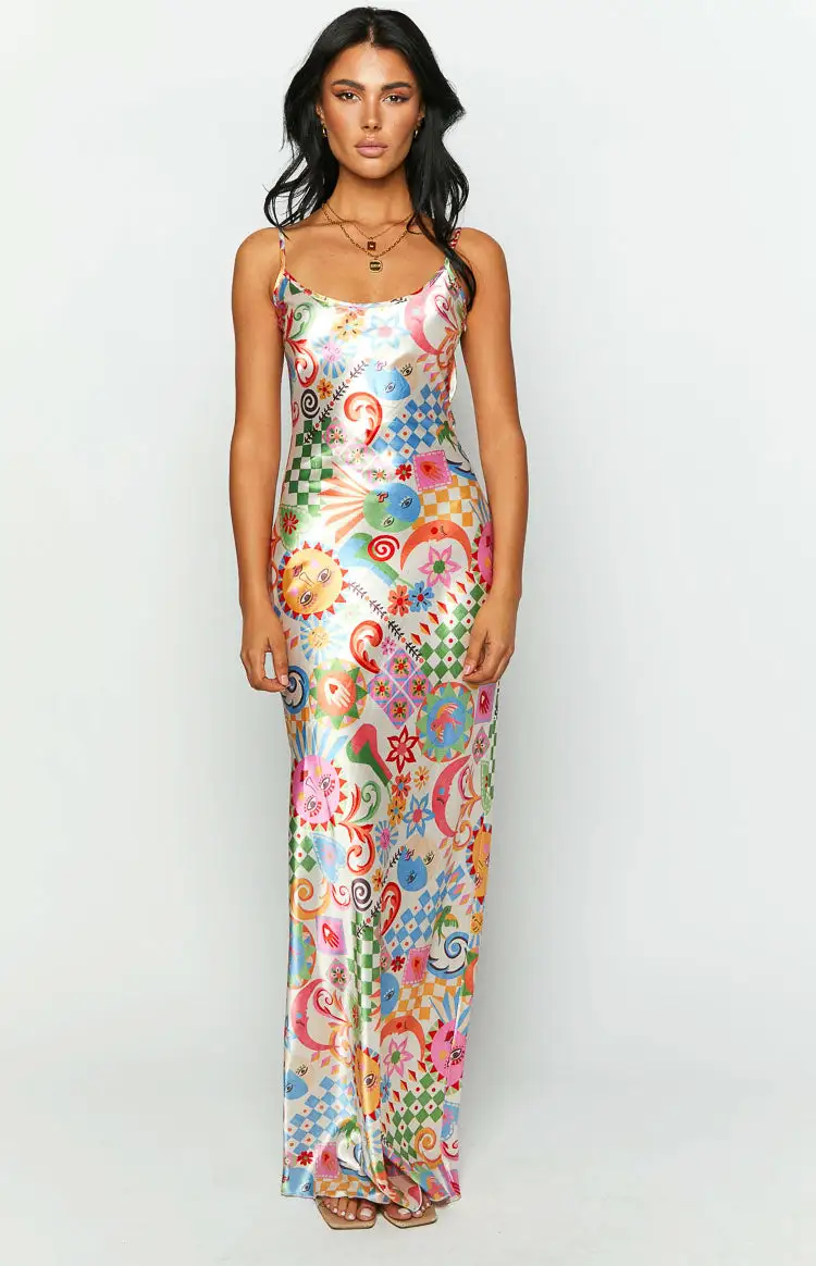 Renesmee Satin Summer Print Maxi Dress