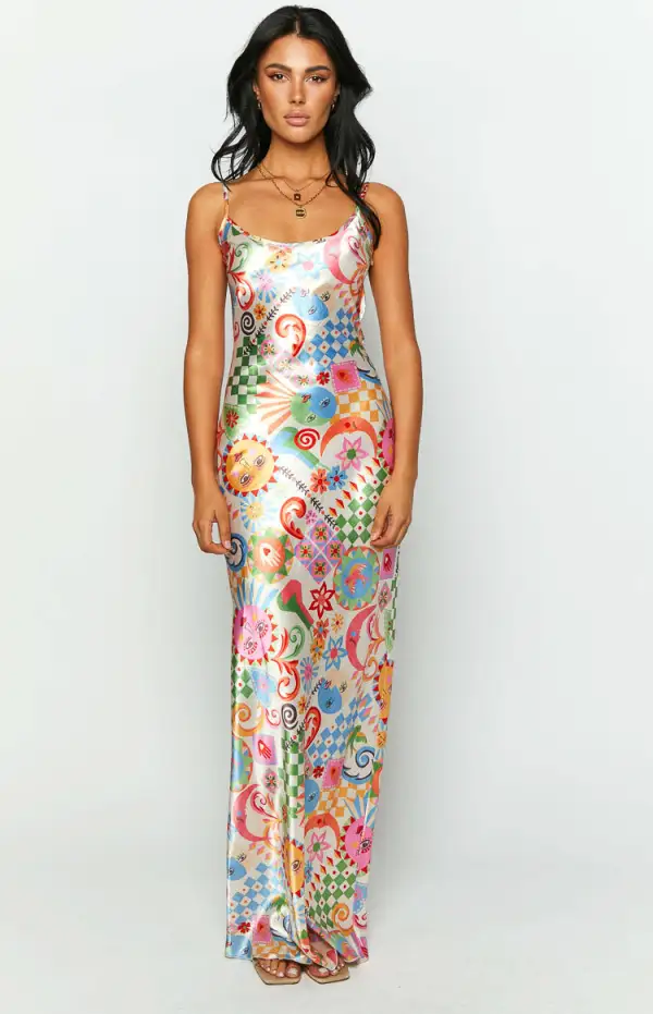 Renesmee Satin Summer Print Maxi Dress