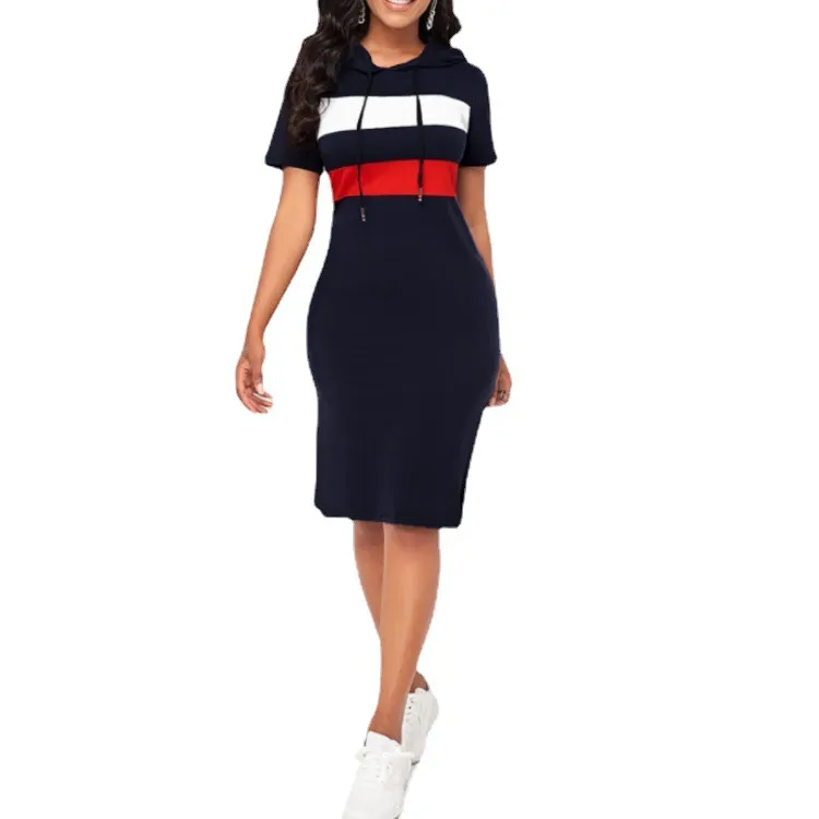 Women Summer Color Block Short Sleeve Casual Dress