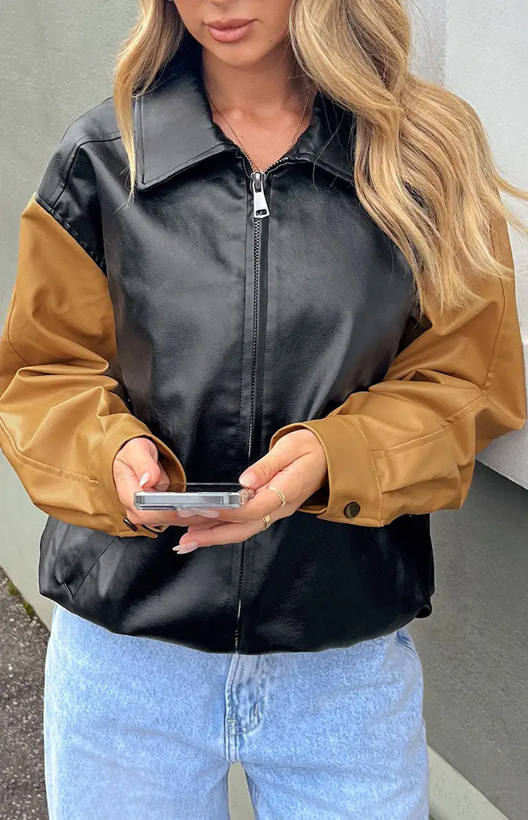 Abbi PU Black And Brown Contrast Bomber Jacket