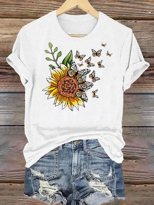 Sunflower Cute Butterfly Graphic Tee