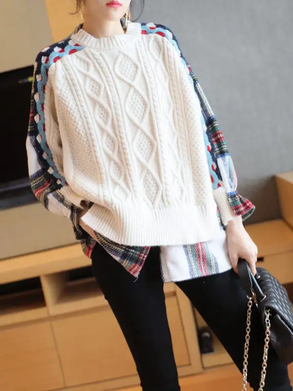 False Two Pullover Plaid Knitwear Splicing Sweater